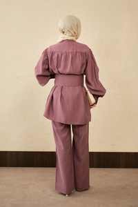 Broş Detay Gizli Düğmeli Takım Mürdüm