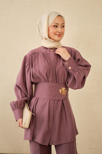 Broş Detay Gizli Düğmeli Takım Mürdüm