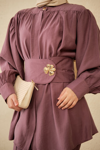 Broş Detay Gizli Düğmeli Takım Mürdüm