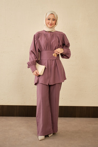 Broş Detay Gizli Düğmeli Takım Mürdüm