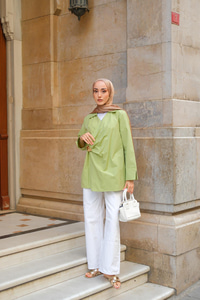 Broş Detay Poplin Gömlek Fıstık Yeşil