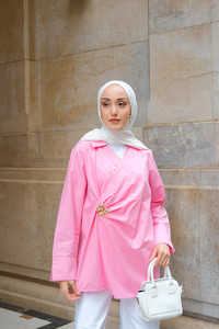 Broş Detay Poplin Gömlek Pembe