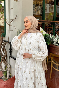 Buket Desenli Elbise Beyaz