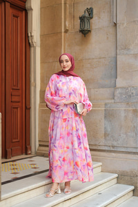 Bulanık Desen Elbise Fuşya