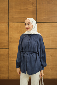 Bulanık Desen Jakar Gömlek Mavi