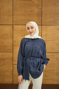 Bulanık Desen Jakar Gömlek Mavi