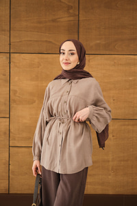 Bulanık Desen Jakar Gömlek Vizon