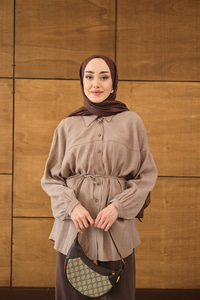 Bulanık Desen Jakar Gömlek Vizon