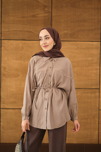 Bulanık Desen Jakar Gömlek Vizon