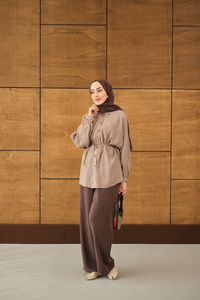 Bulanık Desen Jakar Gömlek Vizon