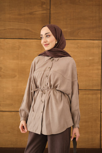 Bulanık Desen Jakar Gömlek Vizon