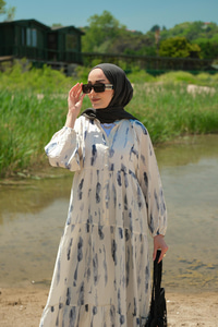 Bulut Desenli Elbise Gri