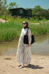 Bulut Desenli Elbise Gri