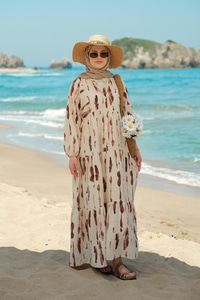 Bulut Desenli Elbise Kahverengi