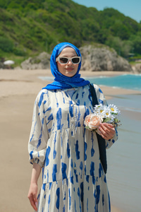 Bulut Desenli Elbise Mavi