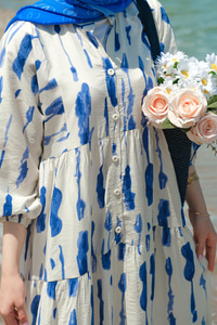 Bulut Desenli Elbise Mavi