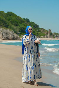 Bulut Desenli Elbise Mavi