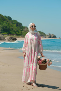 Bulut Desenli Elbise Pembe