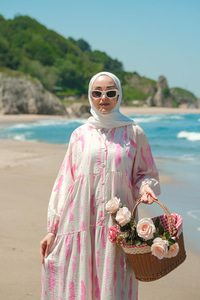 Bulut Desenli Elbise Pembe