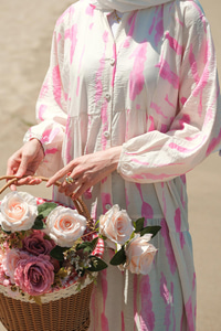 Bulut Desenli Elbise Pembe