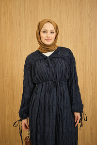 Büzgü Detay Bağcıklı Elbise Lacivert