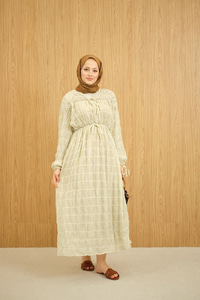 Büzgü Detay Bağcıklı Elbise Su Yeşil