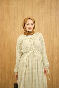 Büzgü Detay Bağcıklı Elbise Su Yeşil