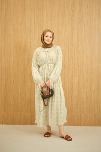 Büzgü Detay Bağcıklı Elbise Su Yeşil