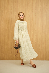 Büzgü Detay Bağcıklı Elbise Su Yeşil