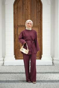 Büzgü Detay Bel Bağlamalı Takım Bordo