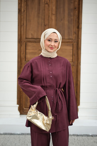 Büzgü Detay Bel Bağlamalı Takım Bordo