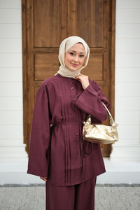 Büzgü Detay Bel Bağlamalı Takım Bordo