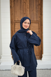 Büzgü Detay Bel Bağlamalı Takım Lacivert