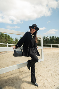 Büzgü Detay Garnili Sweatshirt Siyah