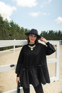 Büzgü Detay Garnili Sweatshirt Siyah