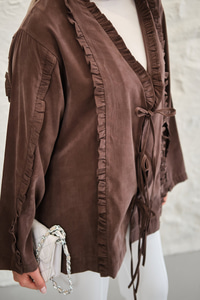 Büzgü Detay Önden Bağlamalı Detaylı Kimono Kahverengi