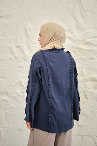 Büzgü Detay Önden Bağlamalı Detaylı Kimono Lacivert