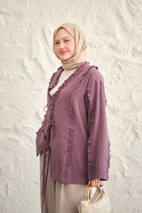 Büzgü Detay Önden Bağlamalı Detaylı Kimono Mürdüm