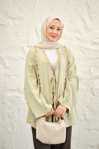 Büzgü Detay Önden Bağlamalı Detaylı Kimono Açık Yeşil