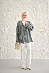 Büzgü Detay Önden Bağlamalı Detaylı Kimono Petrol Yeşil