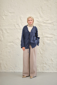 Büzgü Detay Önden Bağlamalı Detaylı Kimono Lacivert