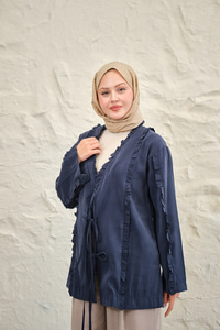 Büzgü Detay Önden Bağlamalı Detaylı Kimono Lacivert