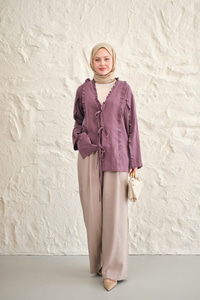 Büzgü Detay Önden Bağlamalı Detaylı Kimono Mürdüm