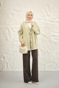 Büzgü Detay Önden Bağlamalı Detaylı Kimono Açık Yeşil