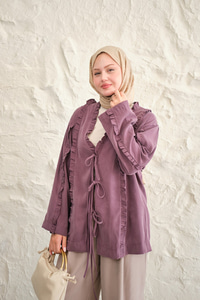 Büzgü Detay Önden Bağlamalı Detaylı Kimono Mürdüm