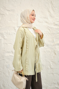 Büzgü Detay Önden Bağlamalı Detaylı Kimono Açık Yeşil