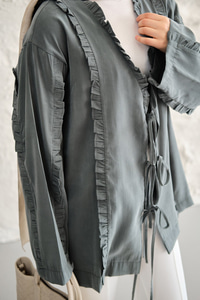 Büzgü Detay Önden Bağlamalı Detaylı Kimono Petrol Yeşil