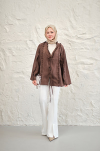 Büzgü Detay Önden Bağlamalı Detaylı Kimono Kahverengi