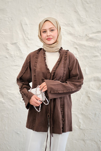 Büzgü Detay Önden Bağlamalı Detaylı Kimono Kahverengi