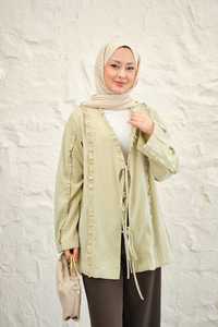 Büzgü Detay Önden Bağlamalı Detaylı Kimono Açık Yeşil